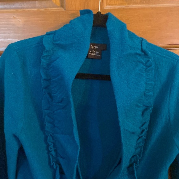 Luii teal wool cardigan jacket Anthropologie anthro large l ruffles - Picture 5 of 17